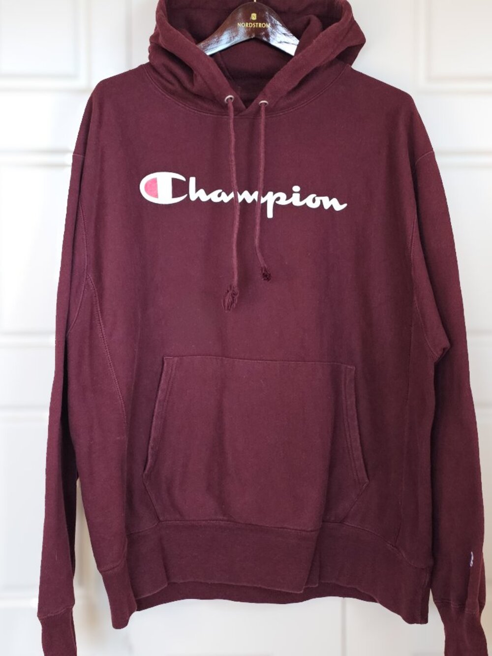 Champion Reverse Weave Hoodie Mens L Burgundy Maroon Script Logo Pullover